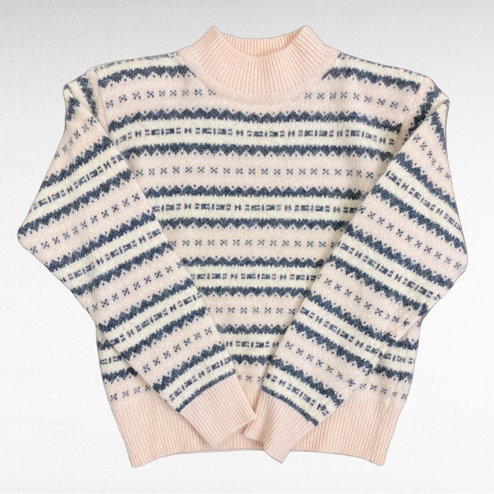 VINTAGE | Liz Claiborne Light Peach Grey Fair Isle Soft Wool Mock Neck Sweater